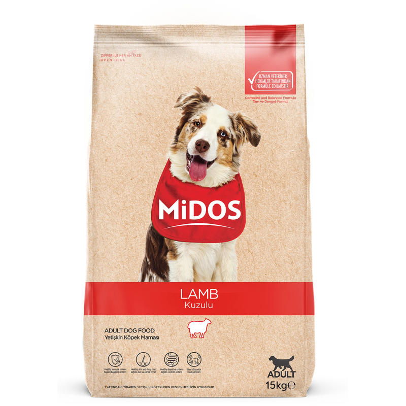 15 Kg Midos Kuzu Etli ve Pirinçli Tüm Irklar İçin Yetişkin Köpek Maması