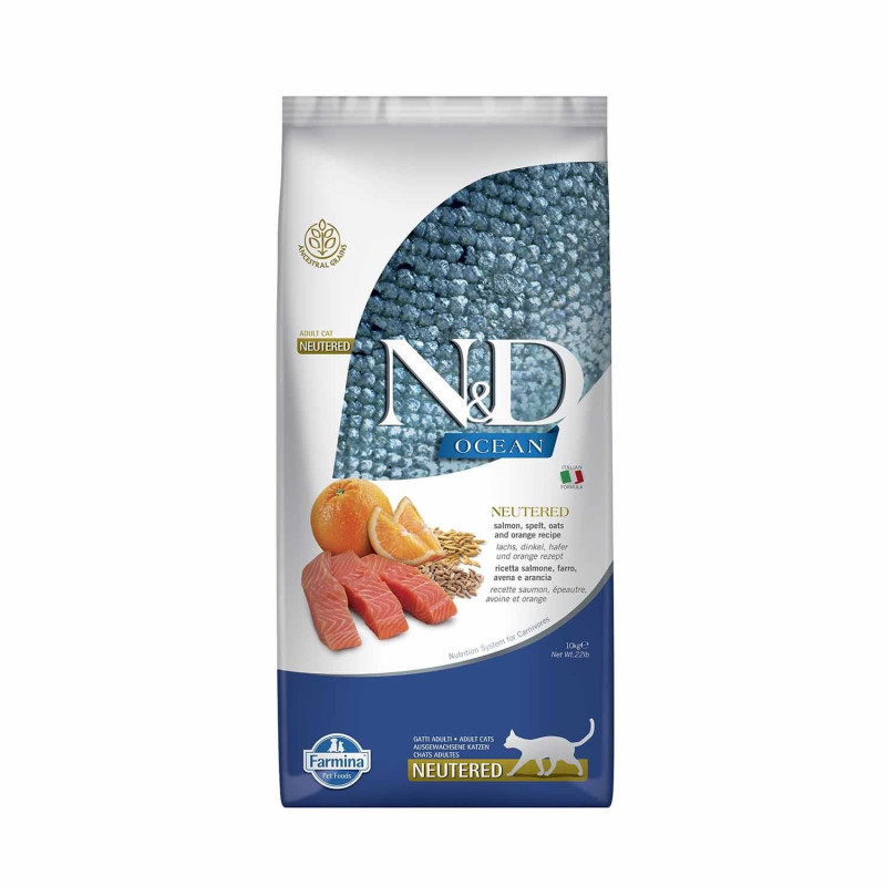 N&D Düşük Tahıllı Somon Balıklı ve Portakallı Kısırlaştırılmış Yetişkin Kedi Maması 10 kg