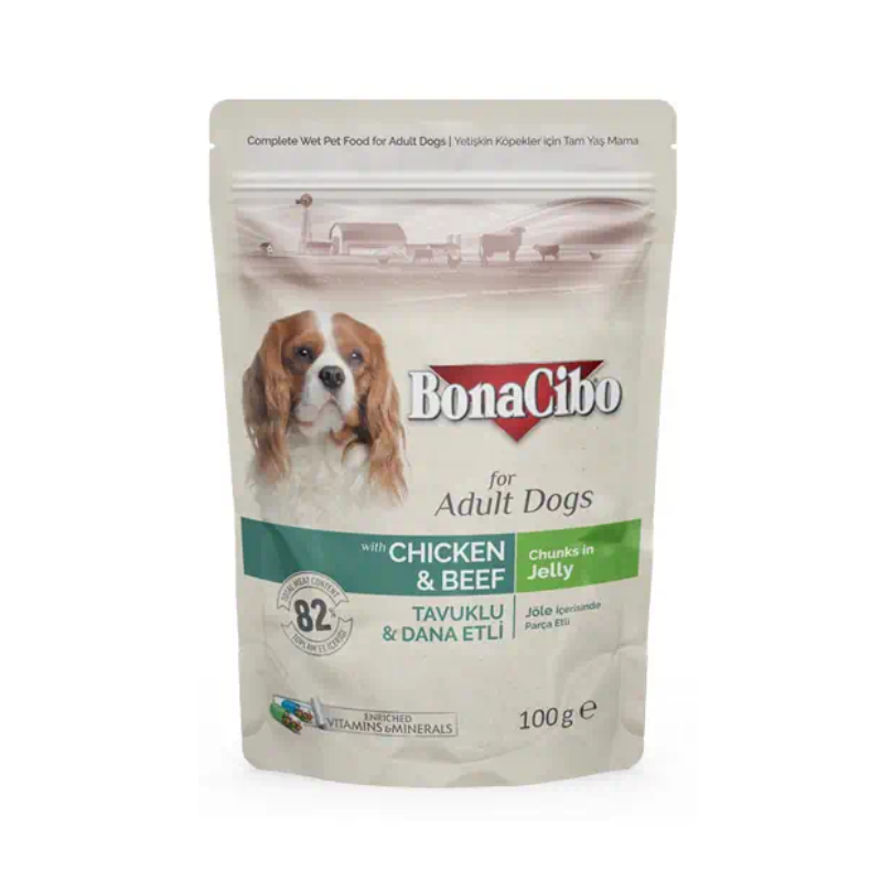 BonaCibo Jöleli Tavuklu-Dana Etli Pouch Yetişkin Köpek Yaş Maması 100 Gr x 12 Adet