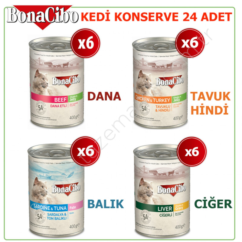 Bonacibo Kedi Konserve Maması 400 Gr x 24 Adet (4 Çeşit Karışık)