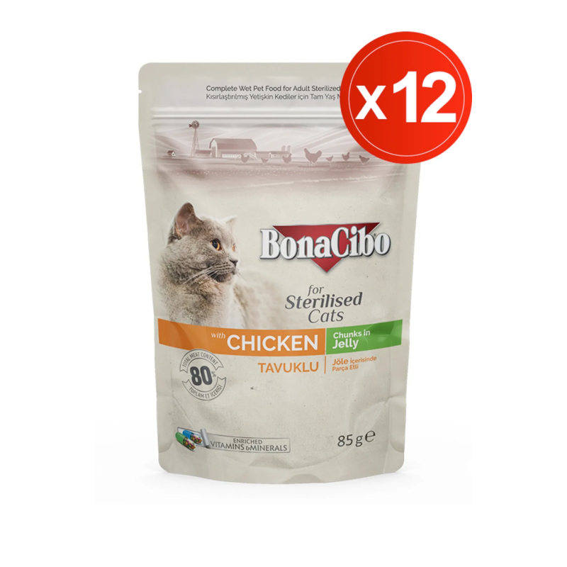 Bonacibo Kısırlaştırılmış Yetişkin Kedi Maması Jöleli Tavuklu Pouch 85g x 12 Adet