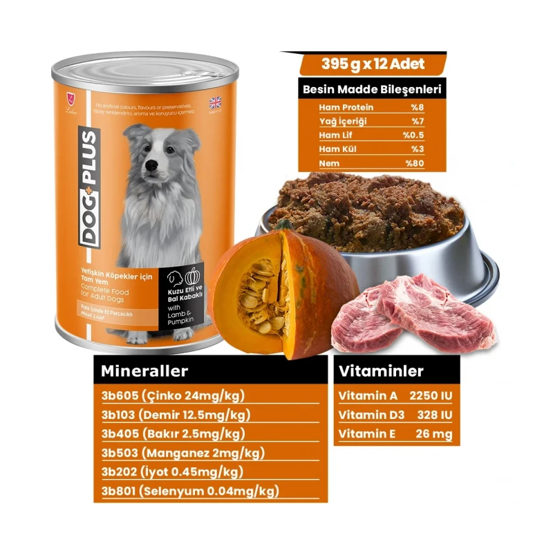 12 Adet DogPlus Pate İçinde Et Parçacıklı Kuzu Etli ve Balkabaklı Yetişkin Köpek Konserve Yaş Mama 395 Gr x 12 Adet
