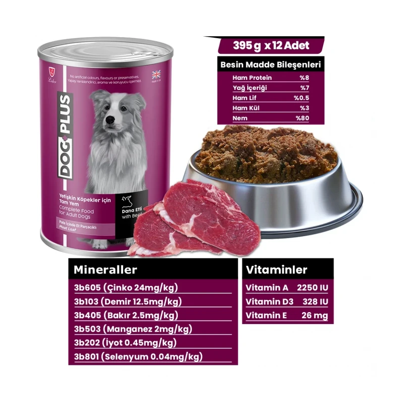 12 Adet DogPlus Pate İçinde Et Parçacıklı Dana Etli Yetişkin Köpek Konserve Yaş Mama 395 Gr x 12 Adet