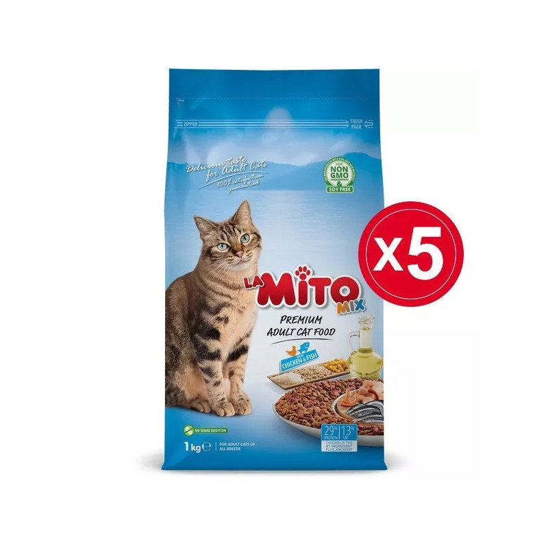 La Mito Mix Tavuklu ve Balıklı Yetişkin Kedi Maması 1 Kg x 5 Paket (5 Kg)