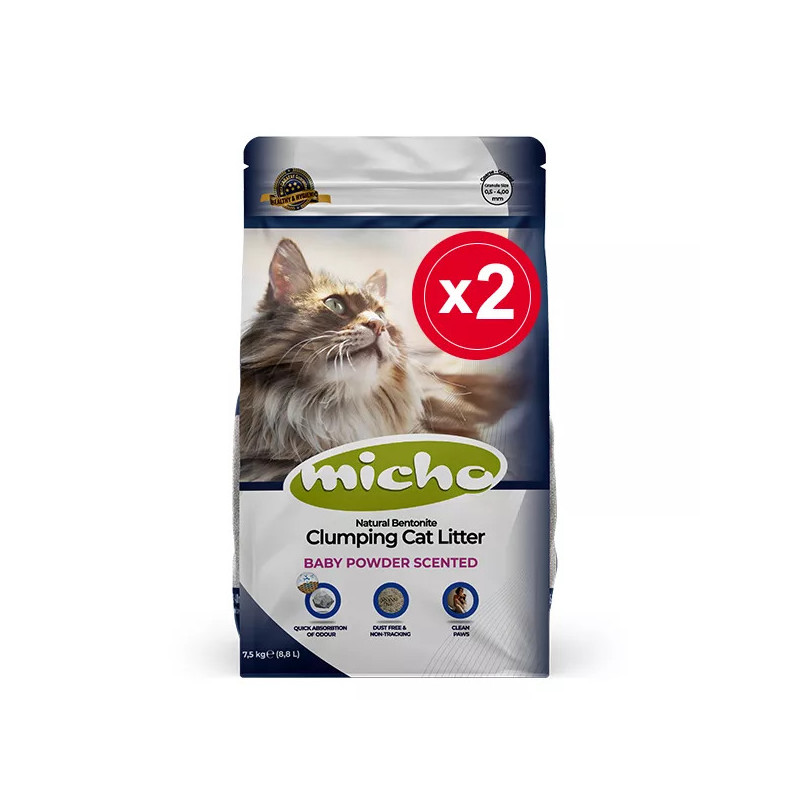 Micho Kalın Taneli Topaklanan Bebek Pudrası Kokulu Kedi Kumu 2 x 7.5 Kg